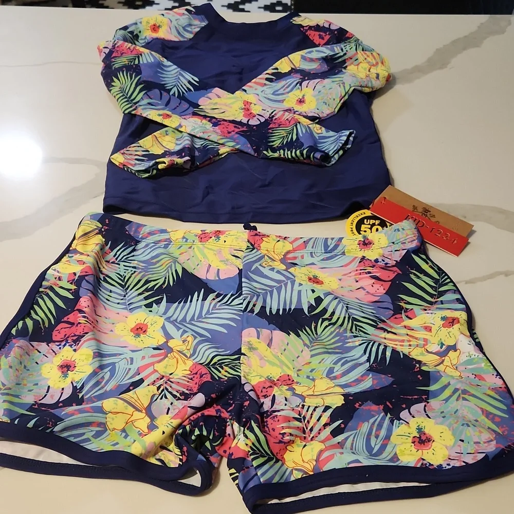 Girls Long Sleeve Swimsuit‎ 2 Piece Rash Guard Quick Dry blue sz 13-14y